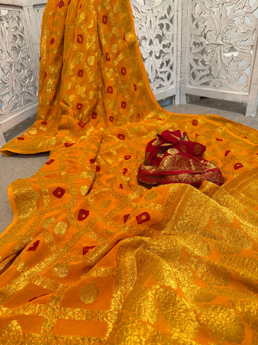 Pure Georgette Bandhini mustard / red