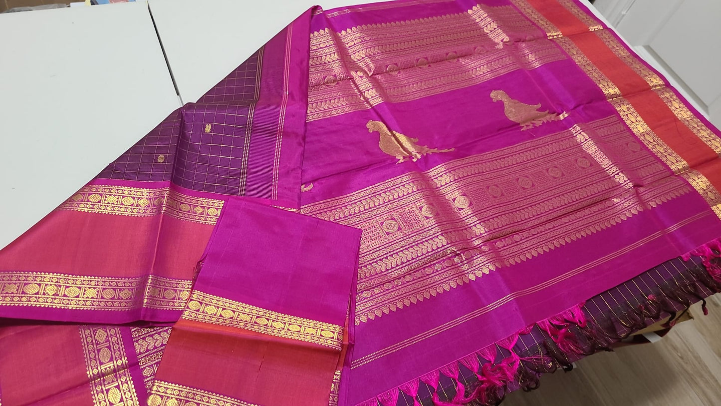 Magenta/orange rettapate Zari Checks with buttas