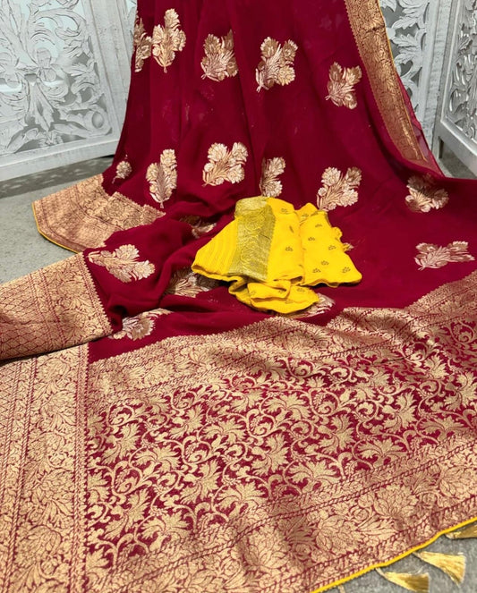Maroon / gold Georgette Silk benarasi