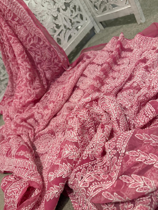 Raspberry color Tepchi Embroidery on soft georgette