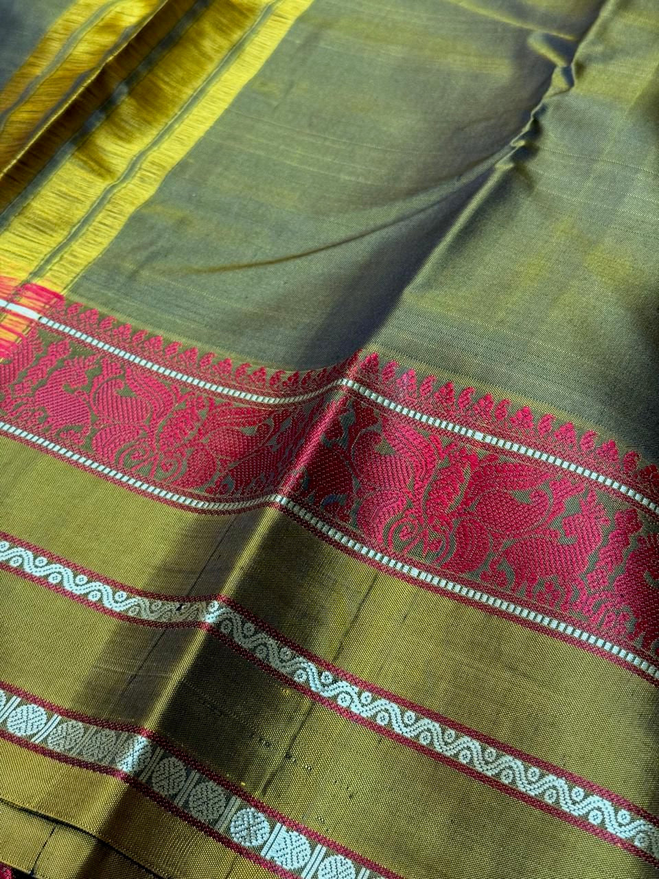 Peacock blue/mehendi mustard green sorgavasal pallu