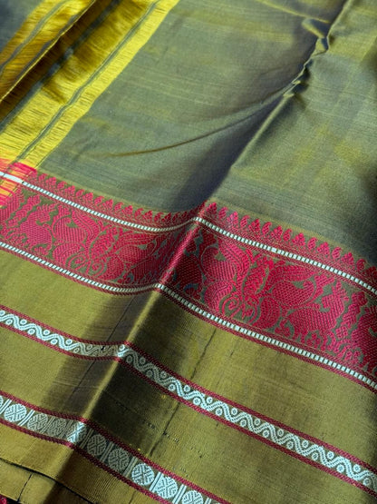 Peacock blue/mehendi mustard green sorgavasal pallu