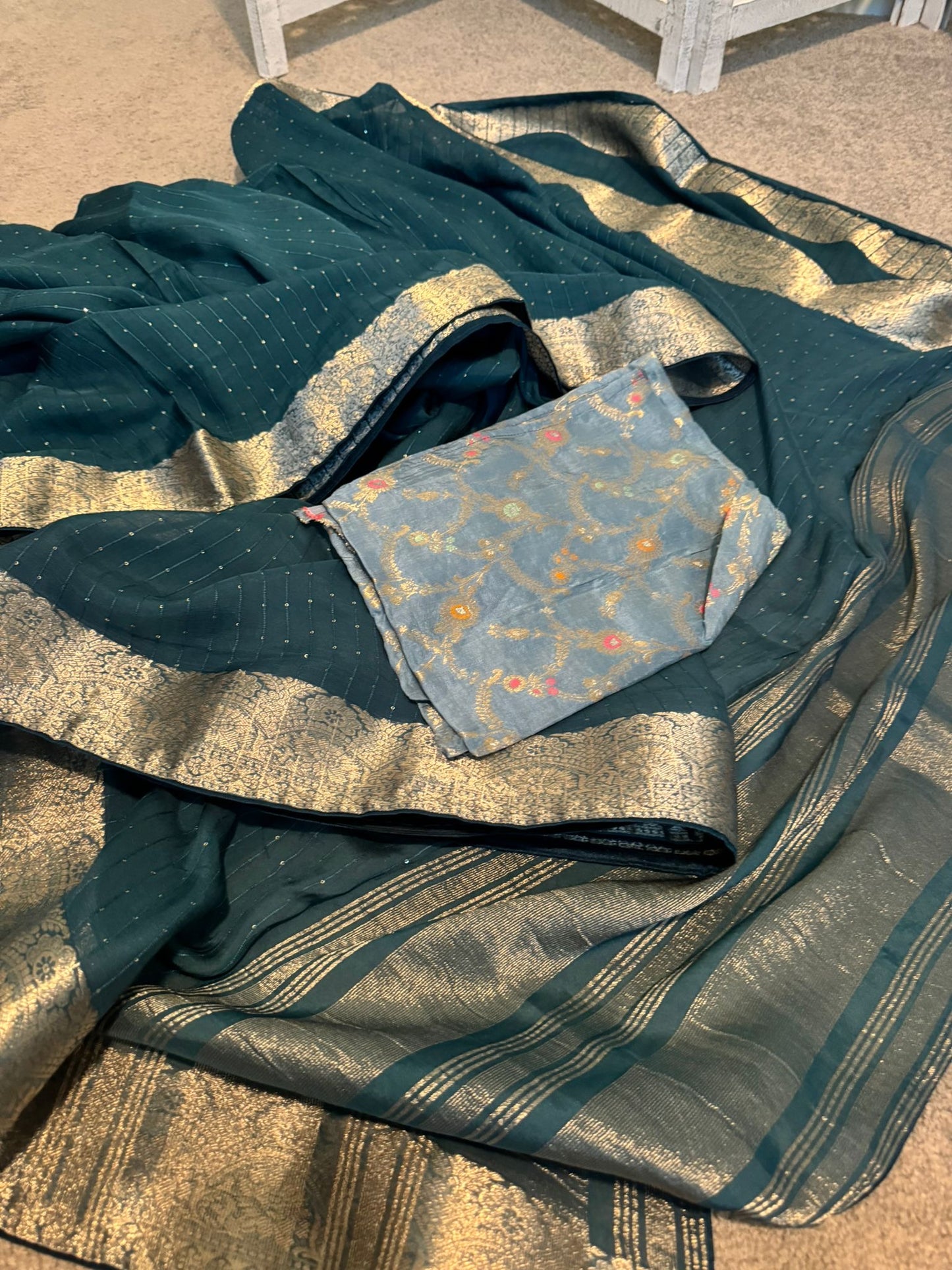 Emerald green Georgette sequin work