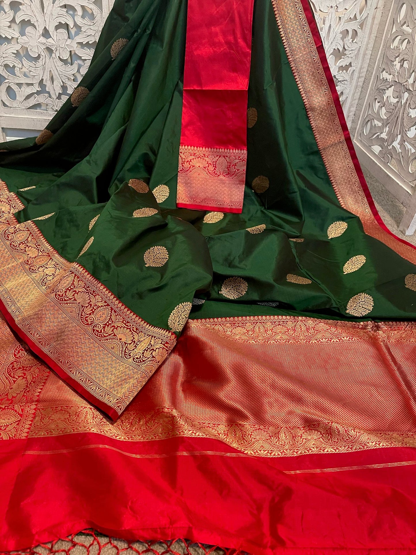Katan silk Benarasi Bottle green/orange