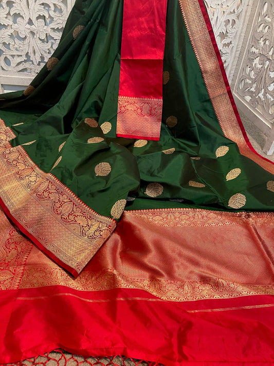 Katan silk Benarasi Bottle green/orange