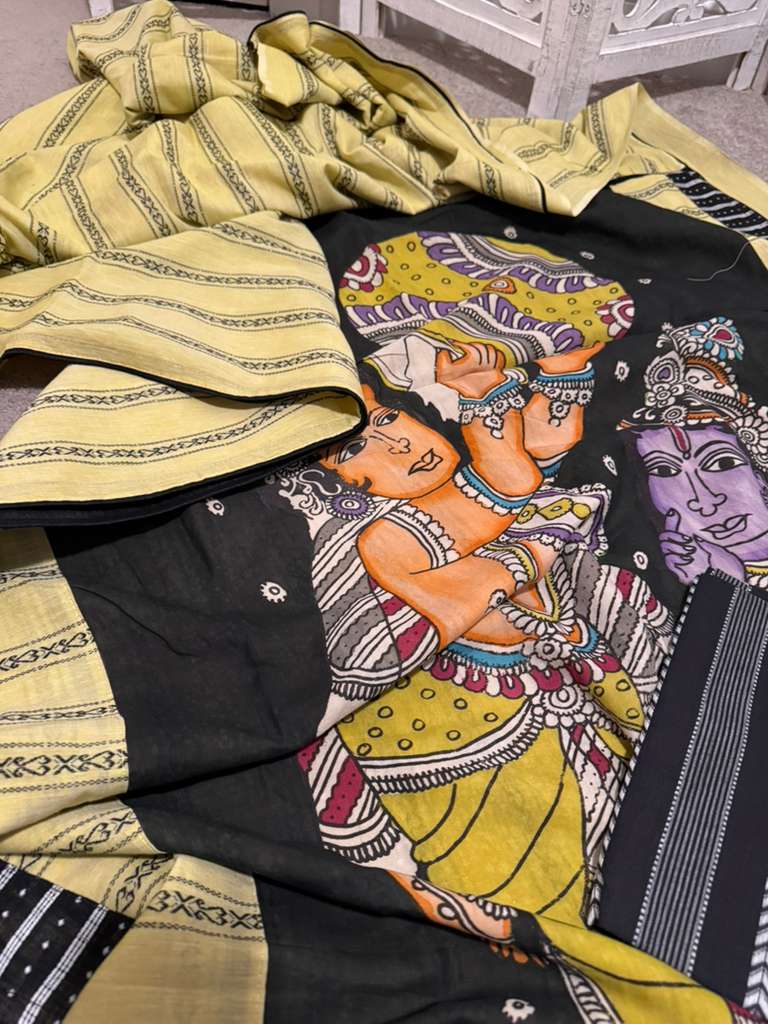 Soft Rajashayee cotton with applique yellow / black