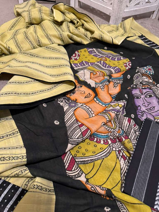 Soft Rajashayee cotton with applique yellow / black