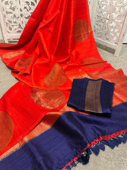 Bright hot orange Tussar Benarasi