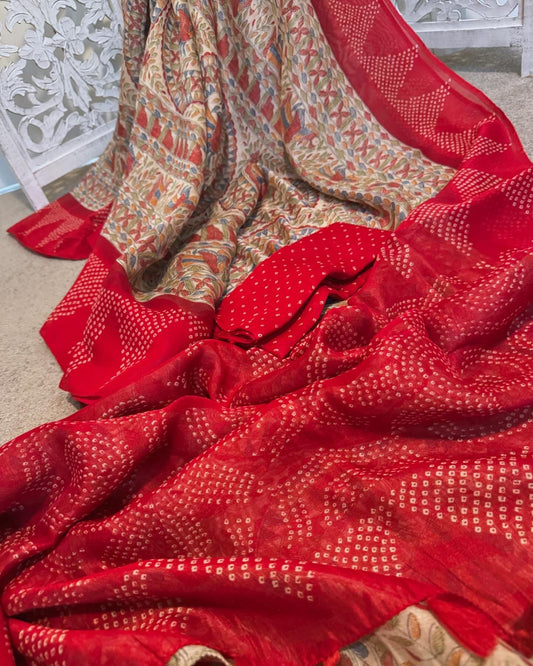 Off white / pink fusion of Bandhini / Kalamkari