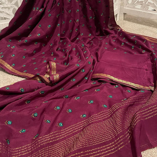 Maroon Munga Georgette with embroidery