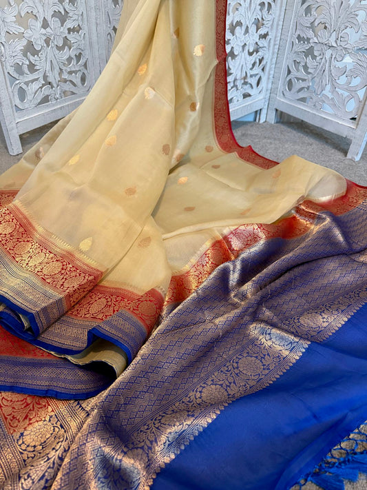 Off white / blue red kora silk Benarasi