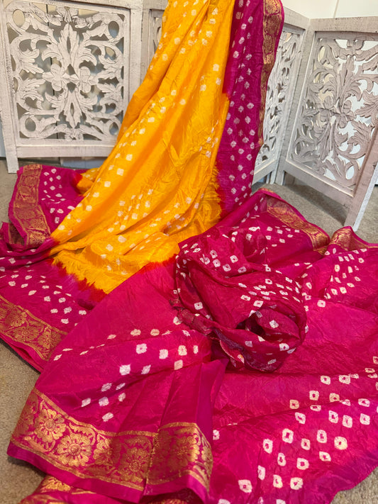 Yellow / Rani Pink bandhini soft silk