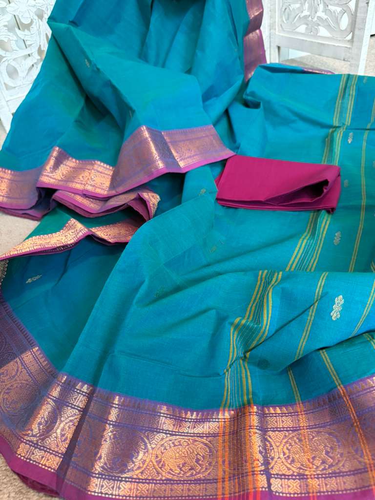 Blue / magenta vertical stripes with buttas Kanchi Cotton