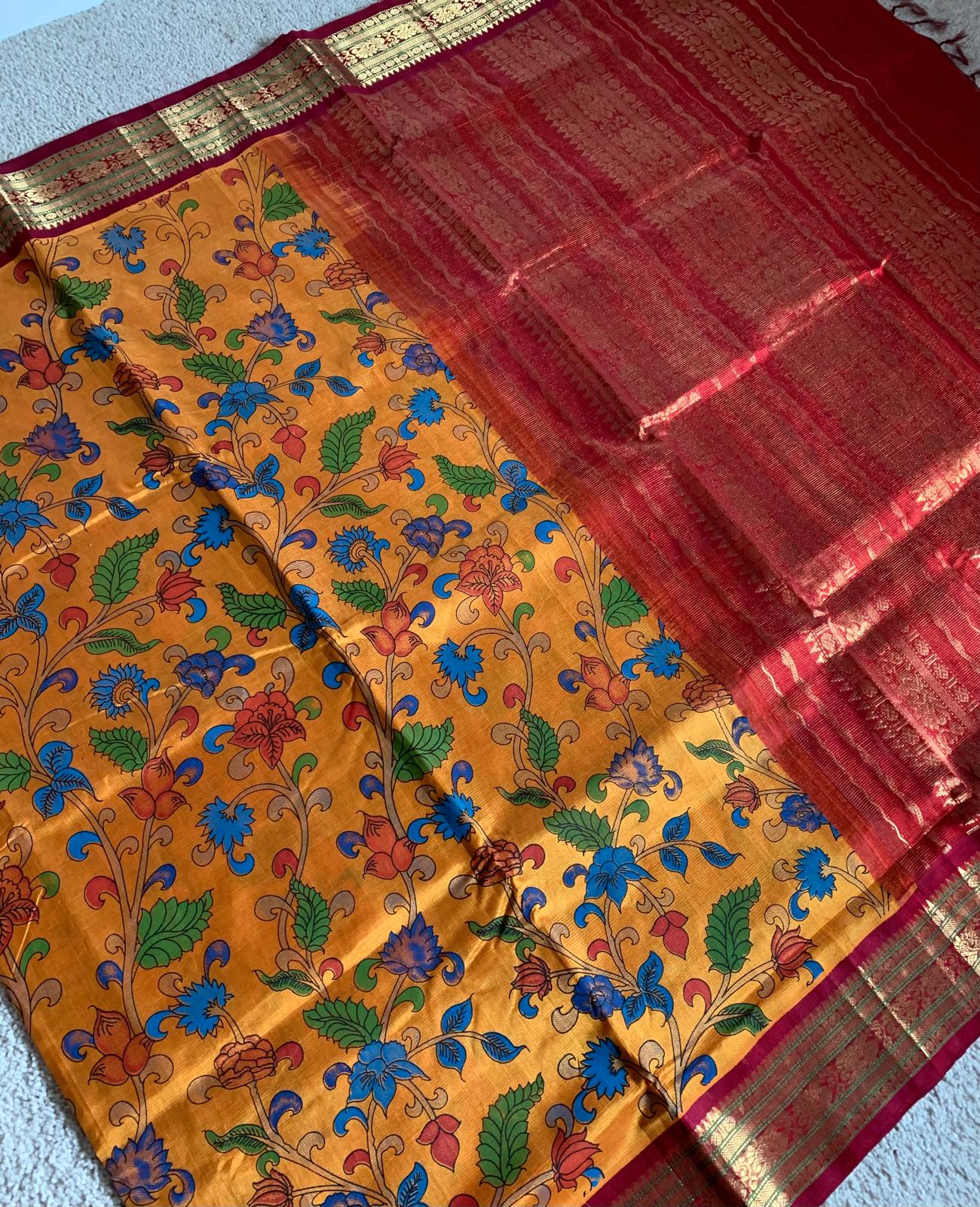 Yellow / red Vairaoosi handblock print korvai