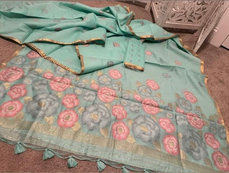 Sea green chanderi linen woven