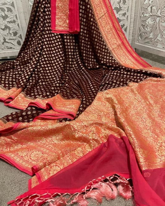 benarasi Georgette Brown / orange gold buttas