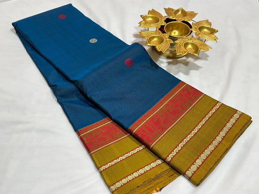 Peacock blue/mehendi mustard green sorgavasal pallu