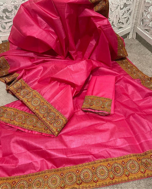 Pink applique work on soft silk
