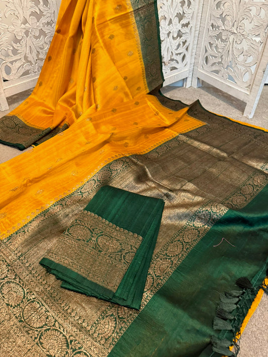 Yellow / botlegreen tussar benarasi