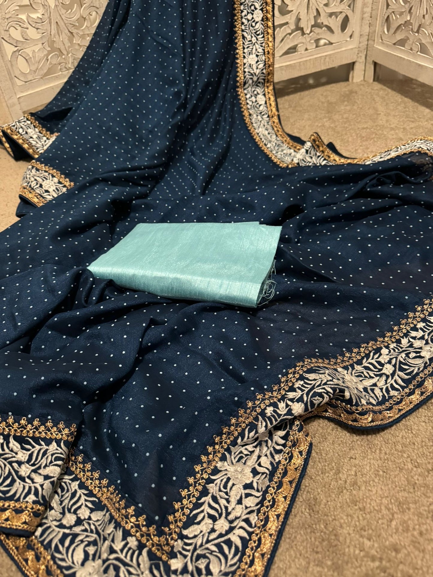 Pure Georgette Parsi Gada embroidery with applique Midnight blue