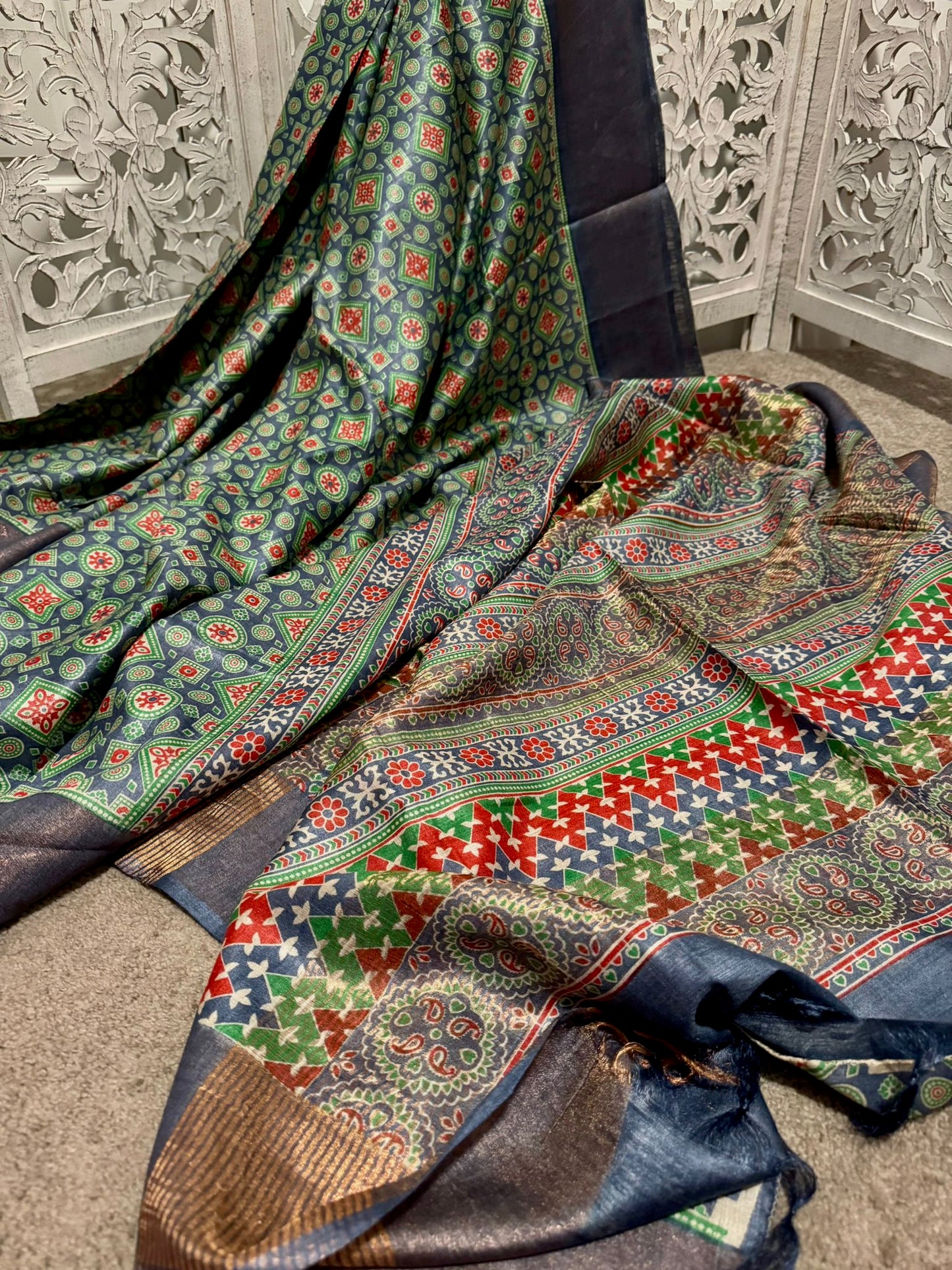 Pure Tussar Silk Grey / green