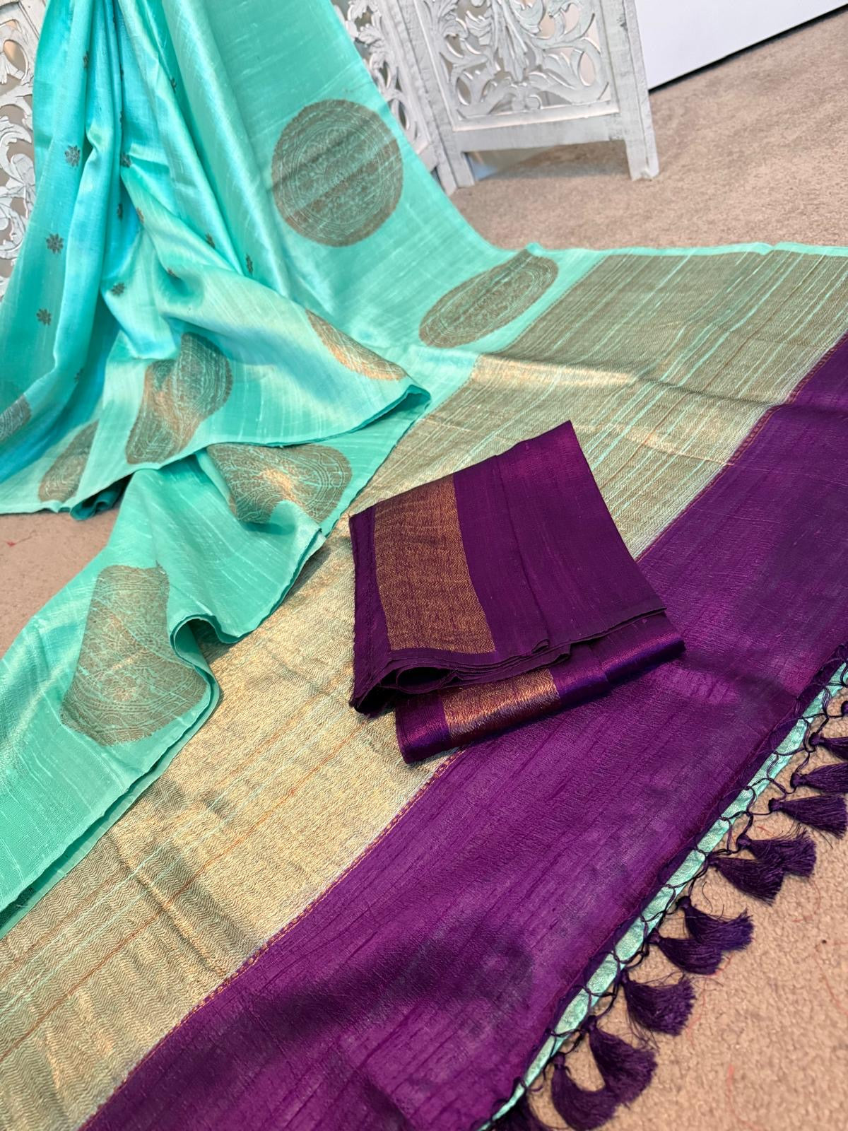 Sea blue green Tussar Benarasi