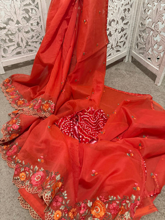 Rajsahi kota embroidery bright orange