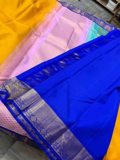 Yellow / blue korvai tri colored pallu