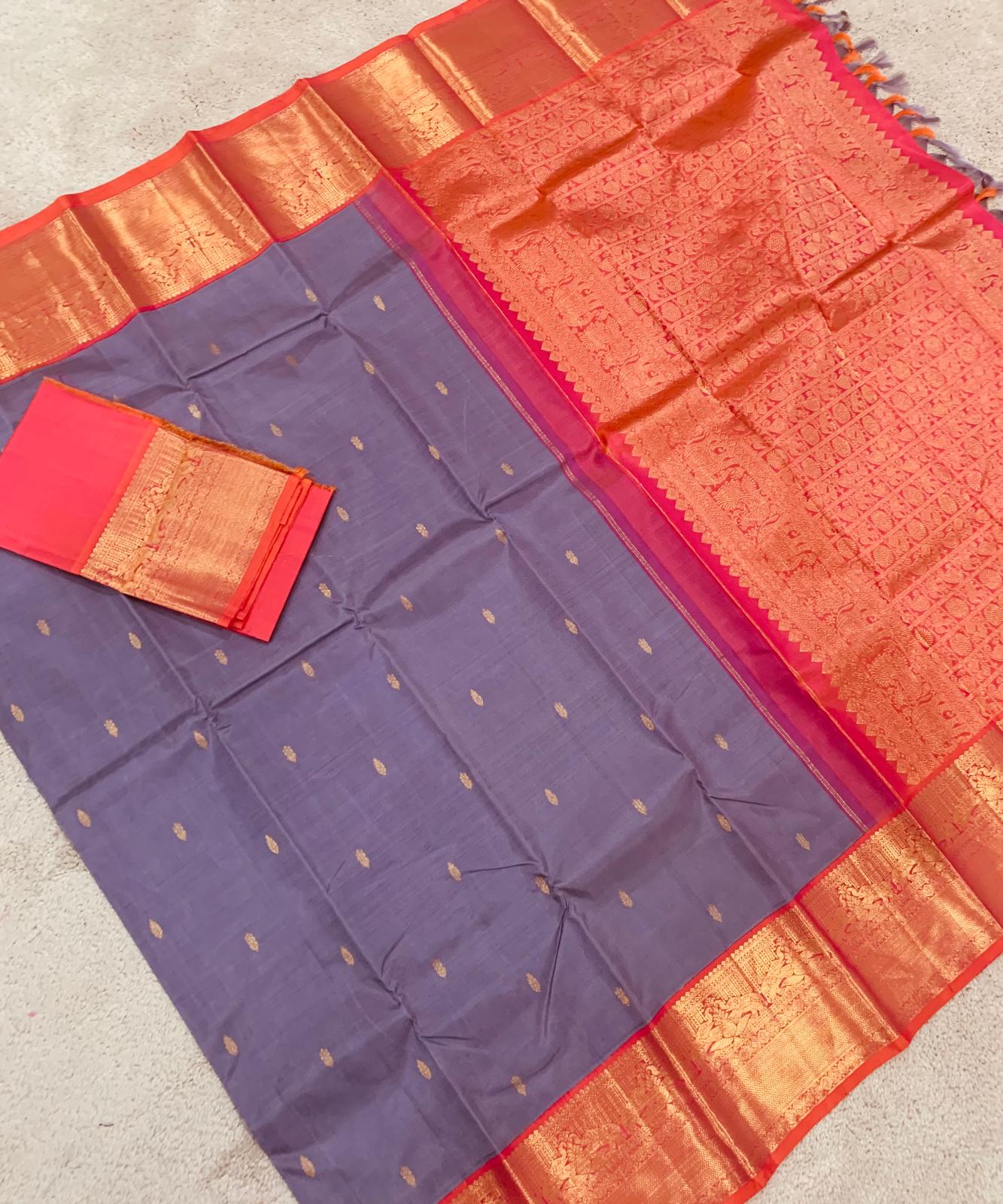 Honey brown with soft pink horizontal Zari lines