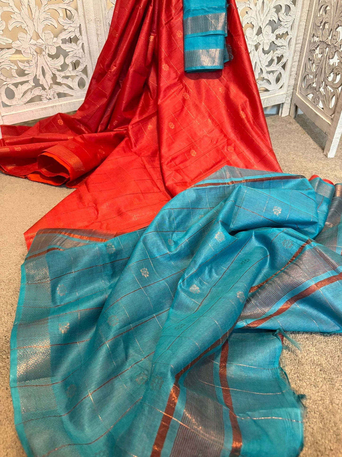 Orange with teal soft Tussar Silk