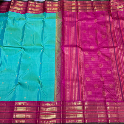 Turquoise blue with pink buttas varisaipet korvai