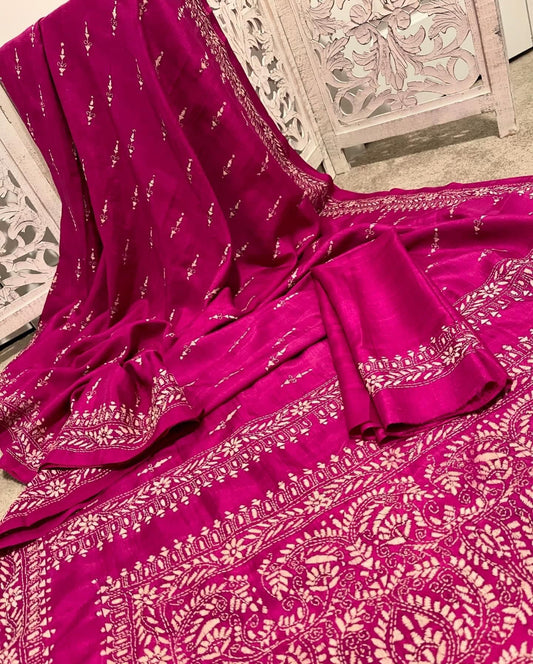 Kantha on pure Tussar Silk Rani Pink