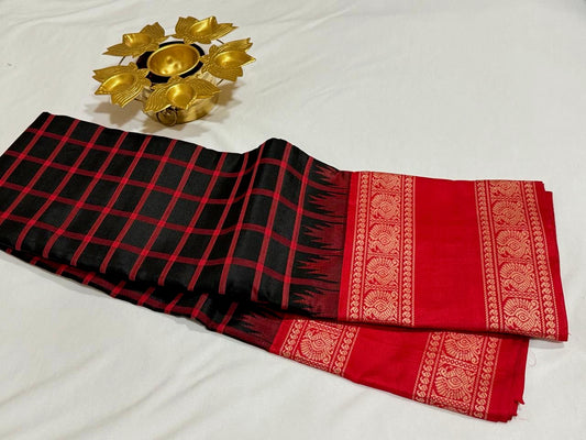 Black/red rettapate korvai checks temple border