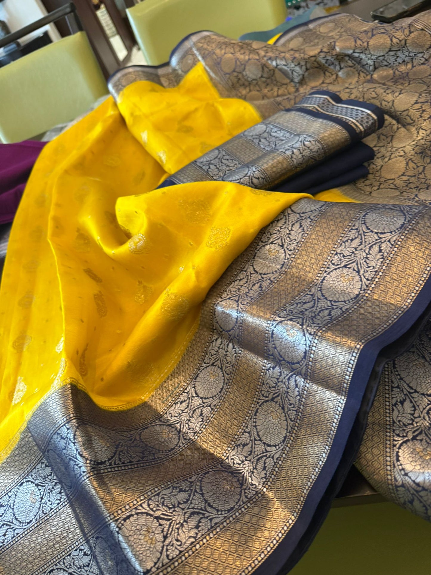 Lemon yellow / blue soft silk Benarasi