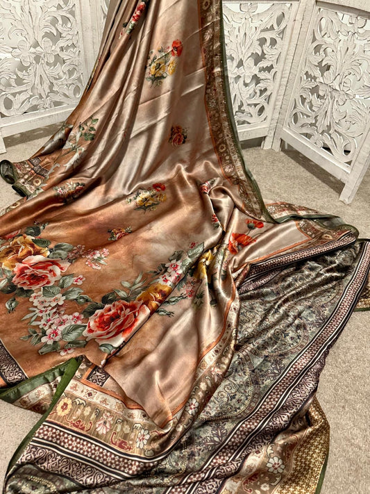 Pure Satin Silk Floral with beads embroidery