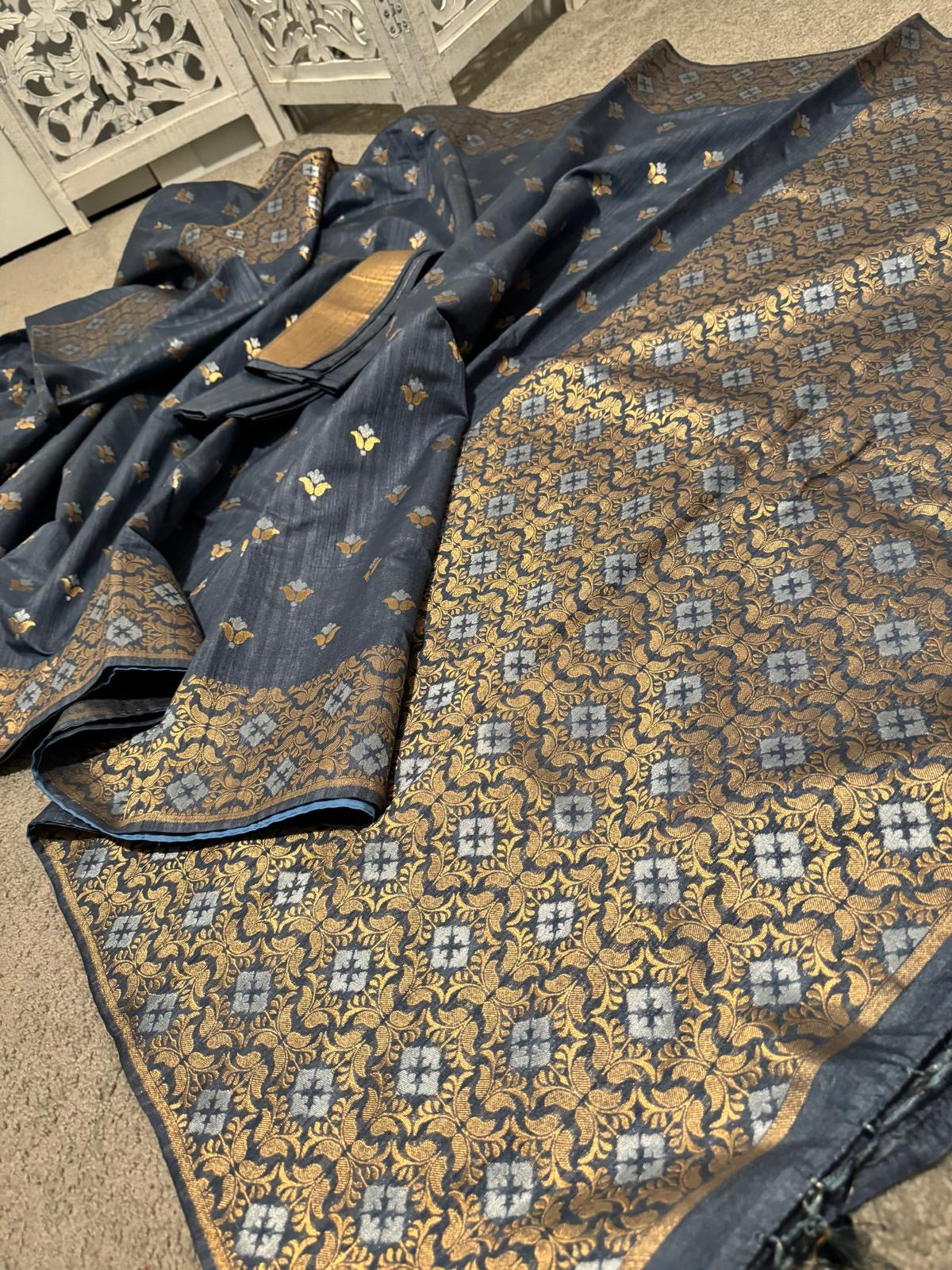 Soft silk Benarasi copper Zari Grey