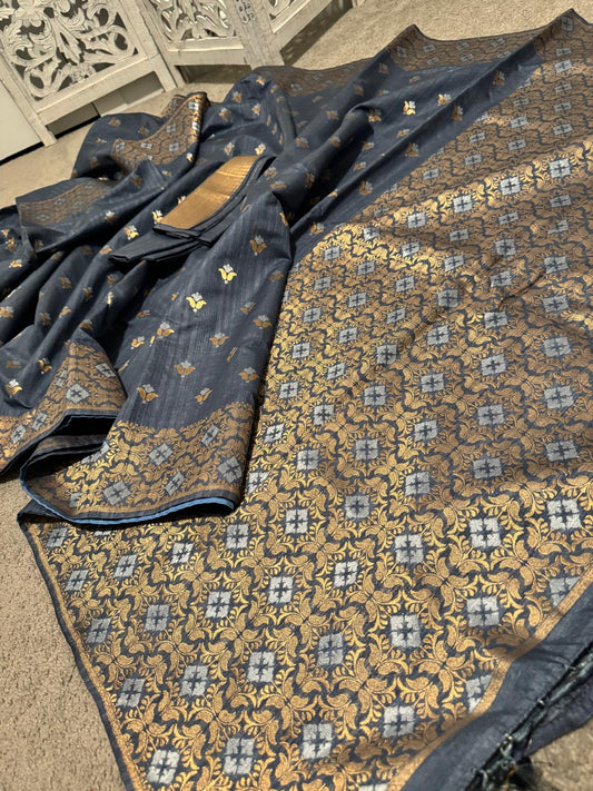 Soft silk Benarasi copper Zari Grey