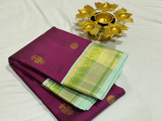 Deep wine / maroon dual tone with mint green korvai Minakari border / Gandaberunda / chakram
