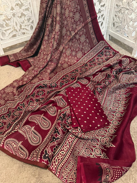 Ajrakh on pure mashru silk - Maroon / wine