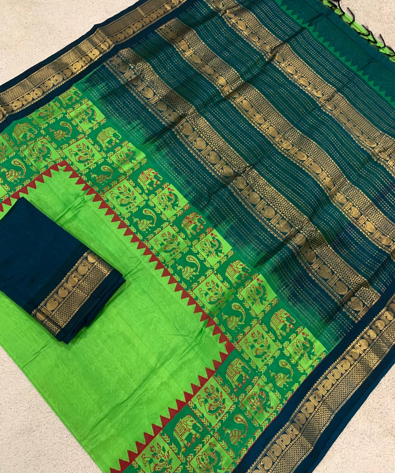 Parrot green Mayil Kazhthu hand block