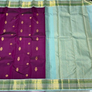 Deep wine / maroon dual tone with mint green korvai Minakari border / Gandaberunda / chakram