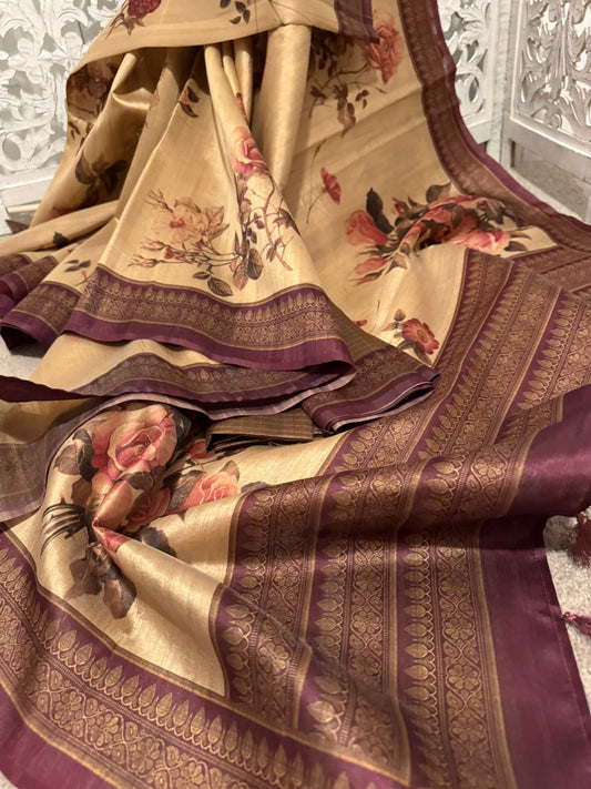 Beige / wine floral design soft tussar