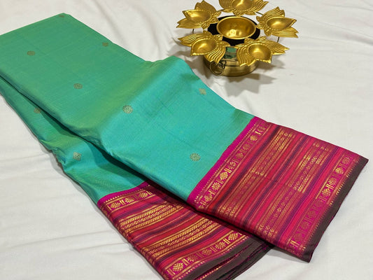 Turquoise blue with pink buttas varisaipet korvai