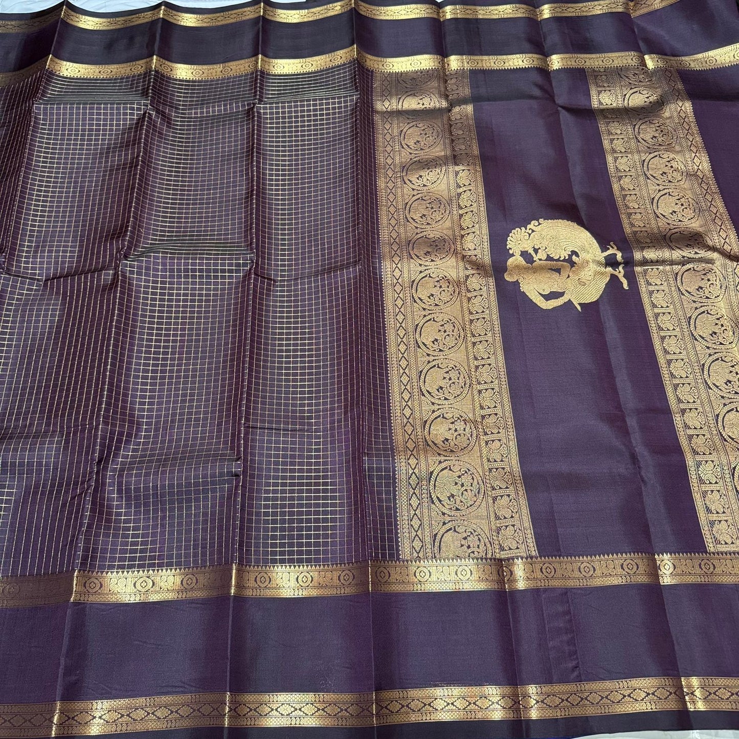 Dark coffee brown zari checks kalaimagal pallu
