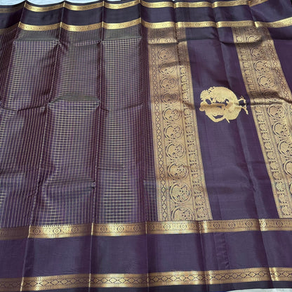 Dark coffee brown zari checks kalaimagal pallu