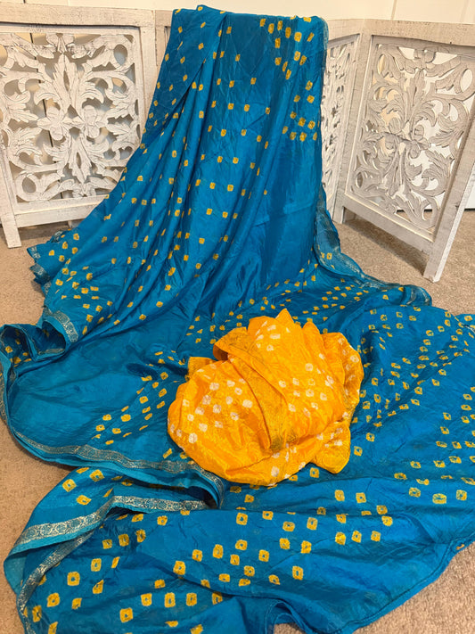 Blue / yellow bandhini soft silk
