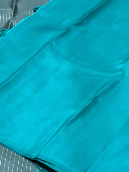 Wheatish grey with teal contrast horizontal silver Zari lines