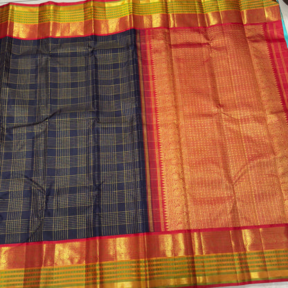 Deep navy blue red Zari checks Minakari woven borders