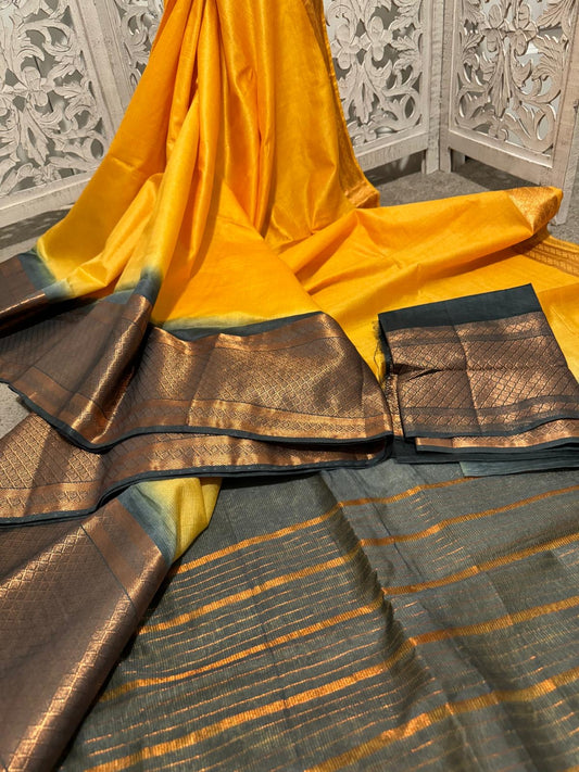 Yellow / Peacock Blue Linen Benarasi