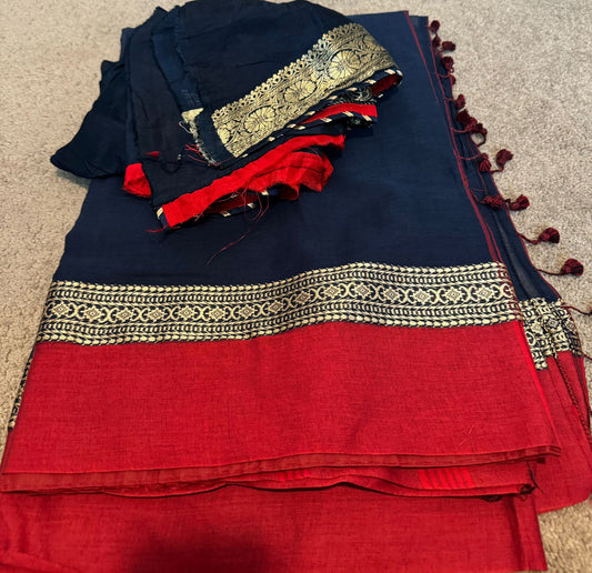 Navy blue / red soft cotton handloom
